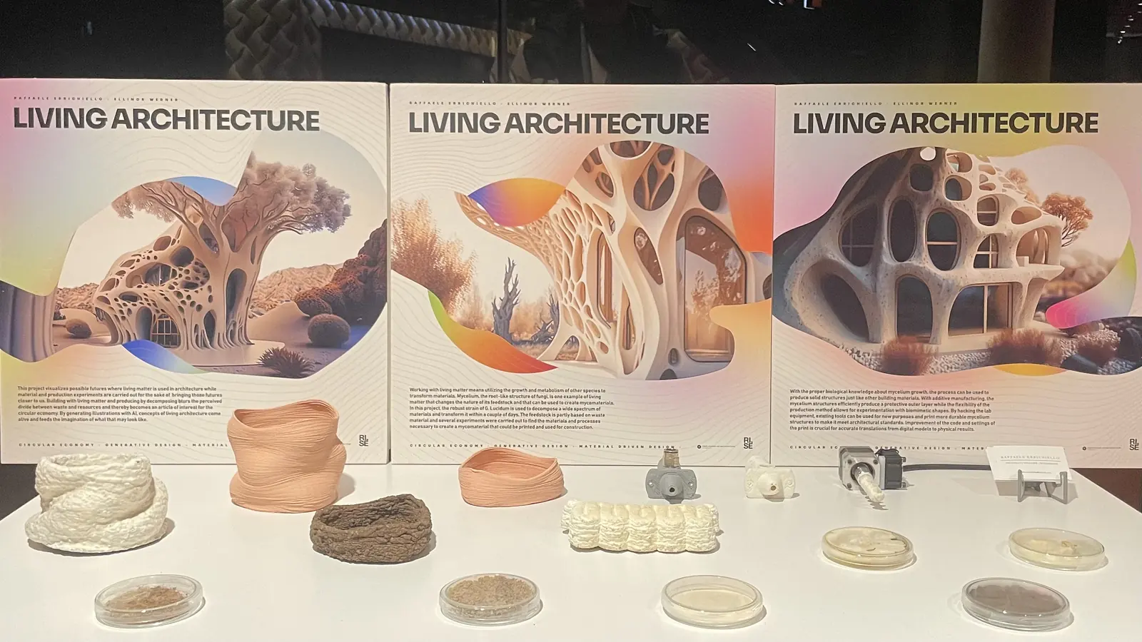 Living Architecture posters above a table of mycelium samples