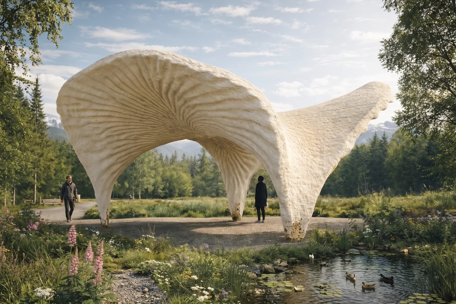 AI rendering: AURORA, a ribbed cream-white shell of printed mycelium composite, on a gravel path beside a pond in a Nordic birch and spruce landscape, two people under and beside it