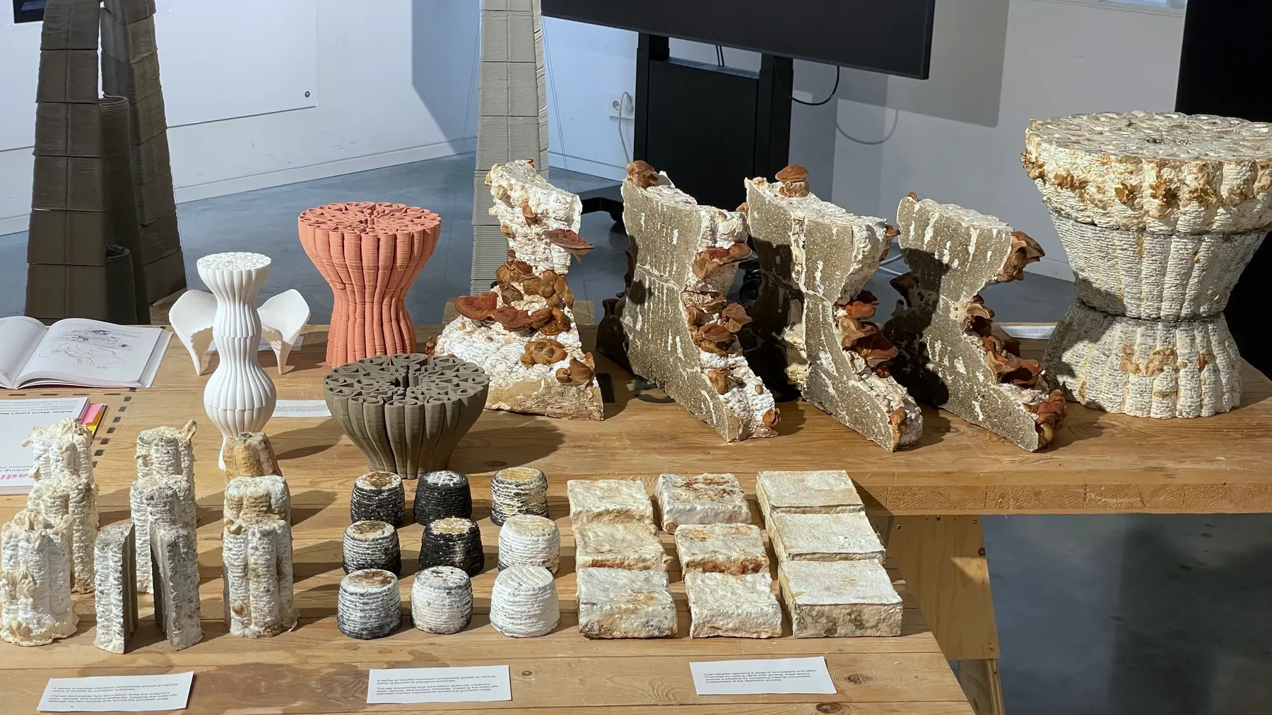 A long table covered with printed and grown pieces: demonstrators, cylinders, blocks and terracotta tests