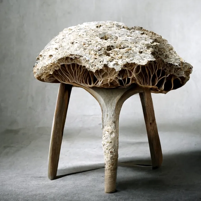 Image made with Midjourney: a stool grown from mycelium