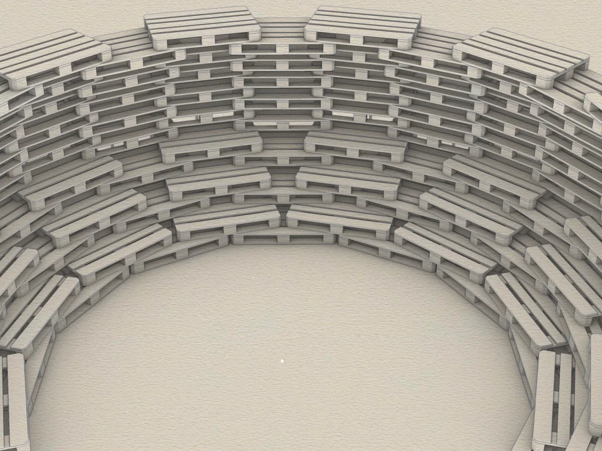 The Rhino model of the amphitheatre: pallets stacked in curving tiers round an empty floor