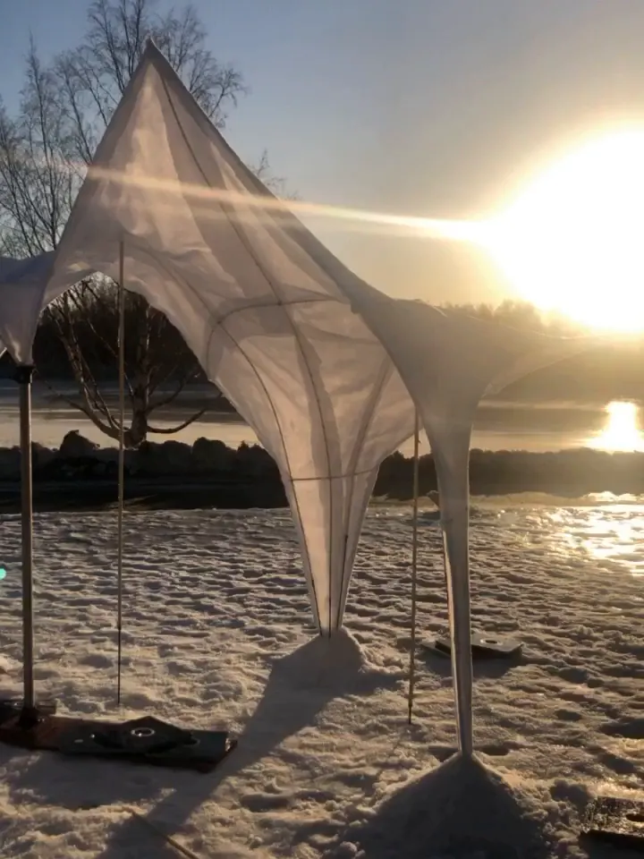 The fabric prototype against the low winter sun
