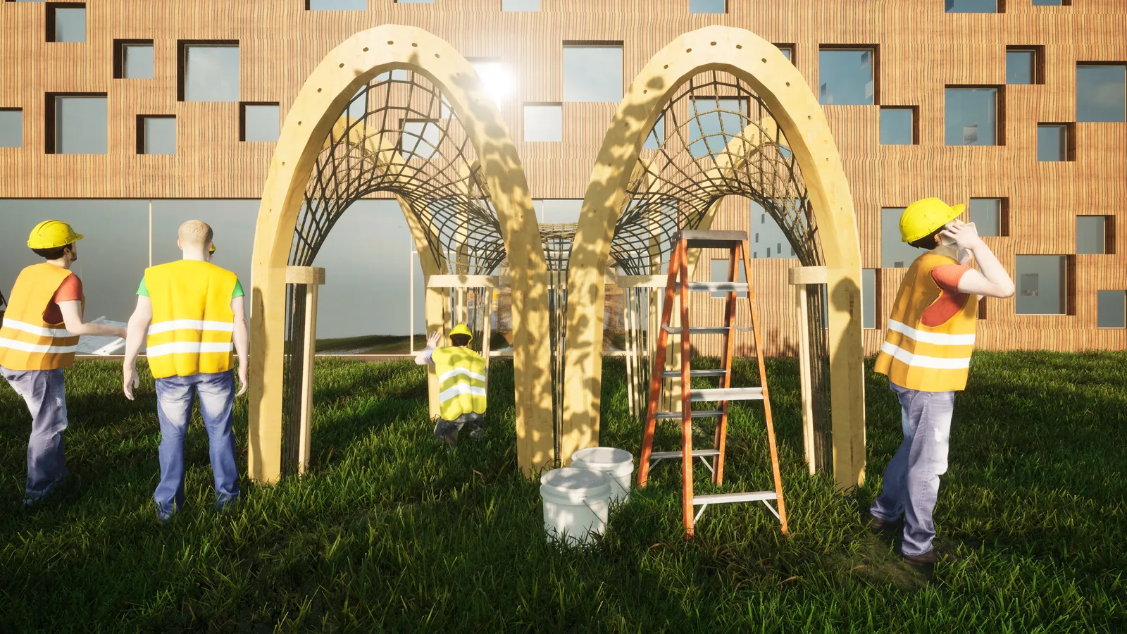 Rendering of the timber arches and net being raised on the lawn by builders in hard hats
