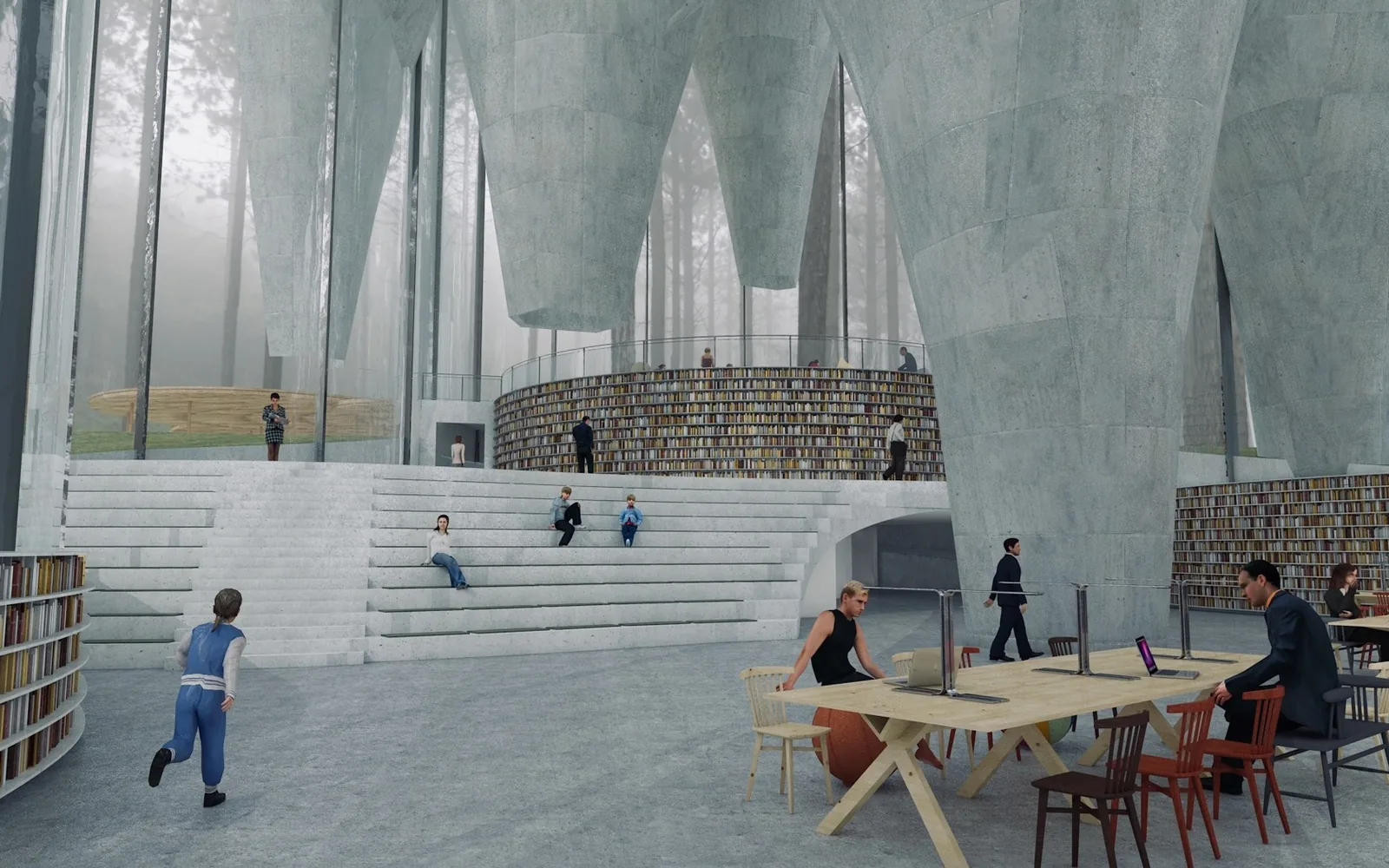 Rendering inside the library: steps for sitting, long tables and shelves of books under the shells