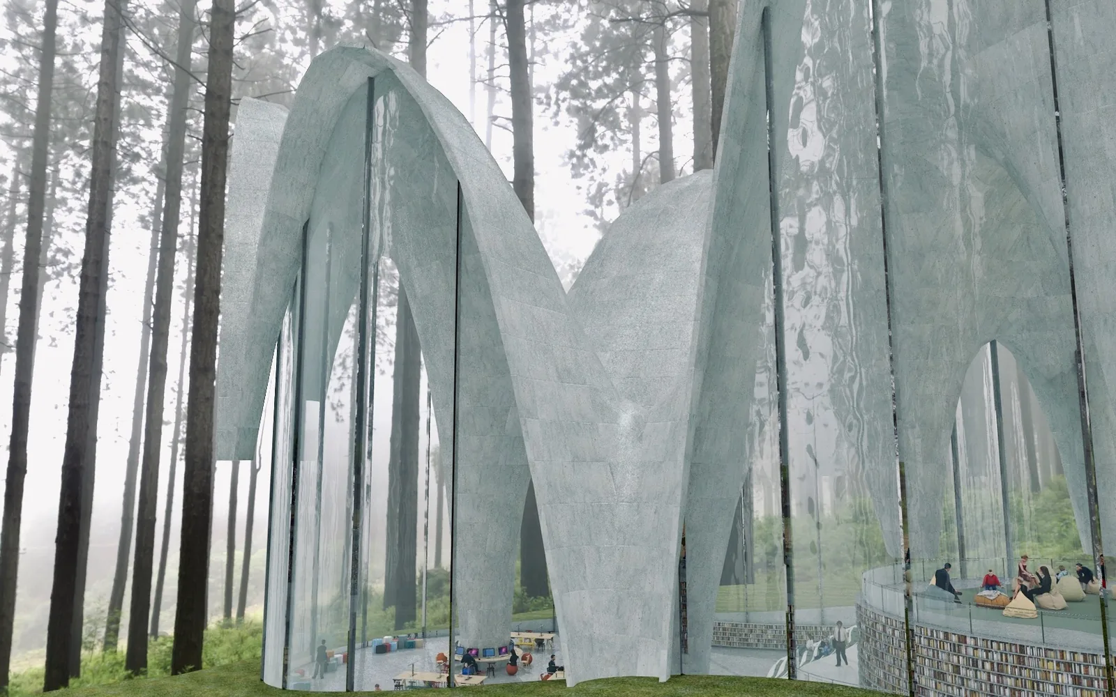 Rendering of tall pale shells standing among pine trunks, glass walls between their legs
