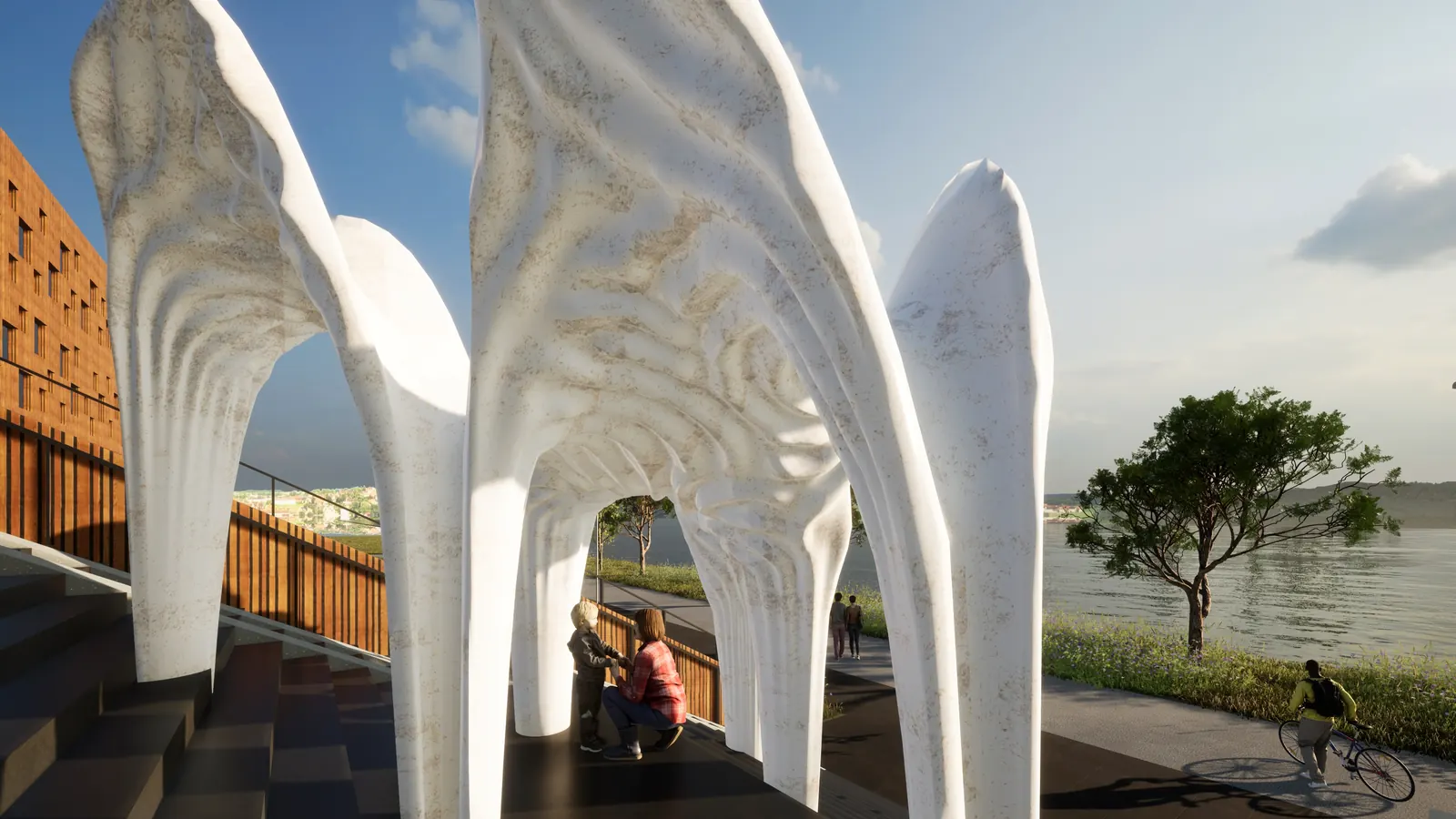 Rendering of the ribbed shells on the steps by the river, the Umeå Arts Campus behind them