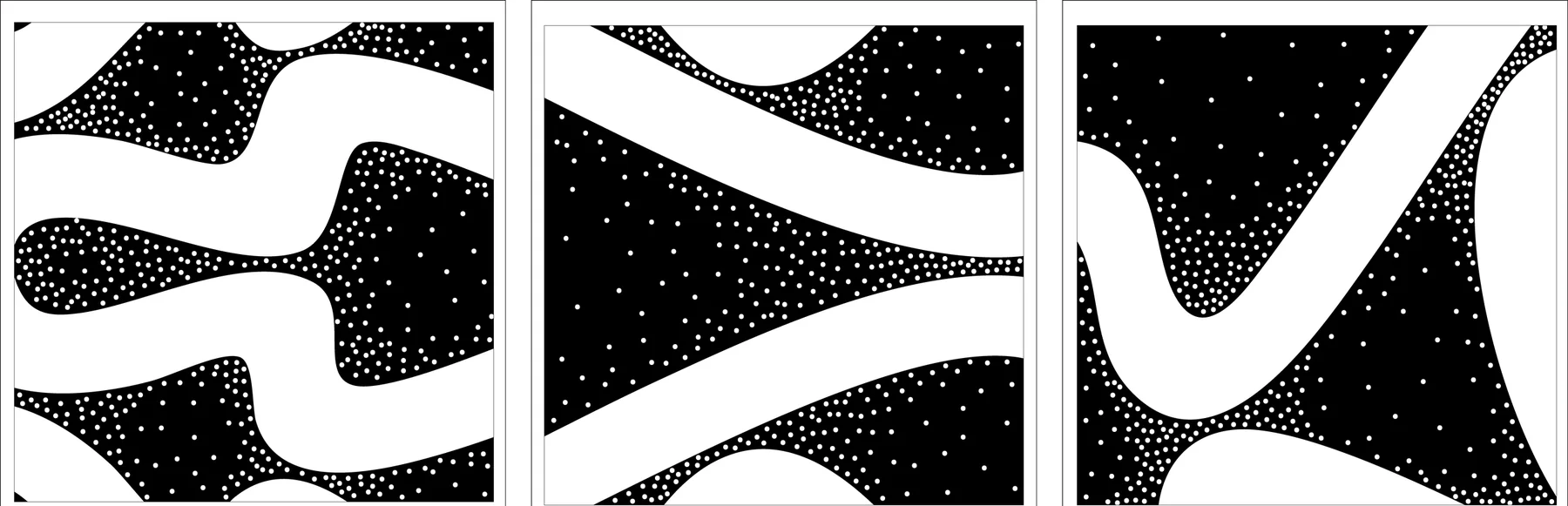 Three square details of the pattern in black and white, dotted where moisture gathers