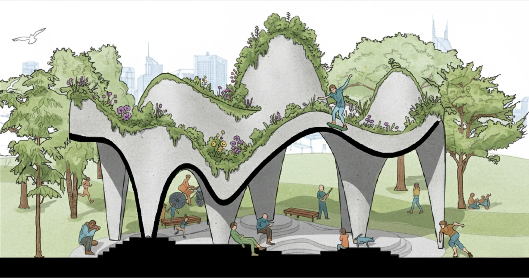 Section perspective of a planted pavilion of grey shells in a park, people sitting, cycling and skateboarding under and on it