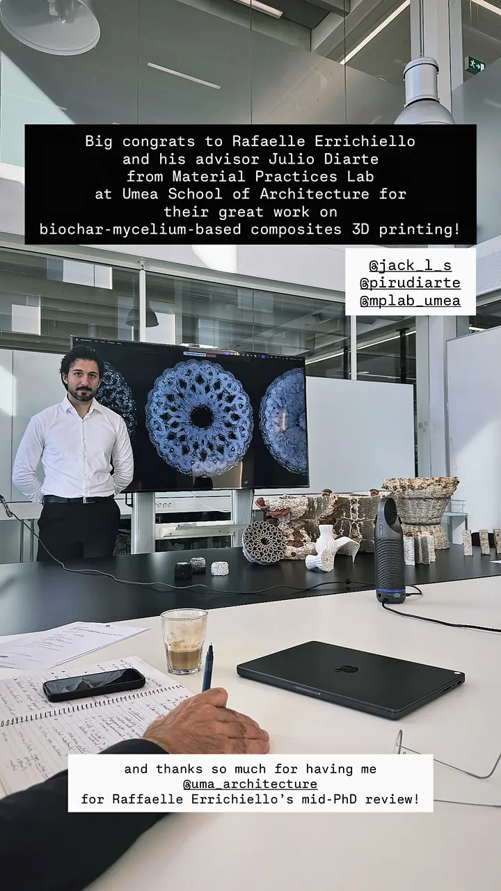 Story: congratulations on the mid-term seminar, Raffaele standing by a screen of brain-coral toolpaths