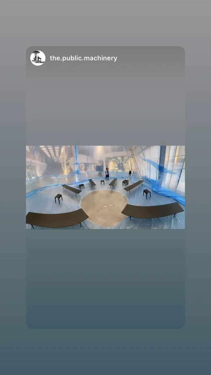 Story by the.public.machinery: the hall from above, the dome and benches laid out